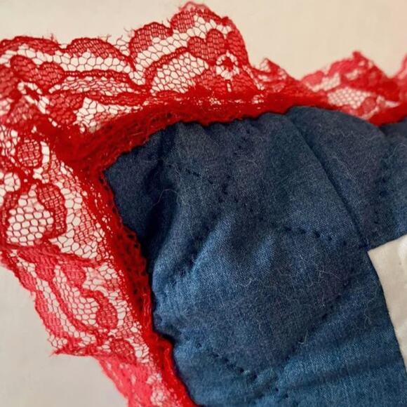 Handmade Vintage Blue & Red Quilted Accent Pillow with Lace Border - Picture 4 of 9